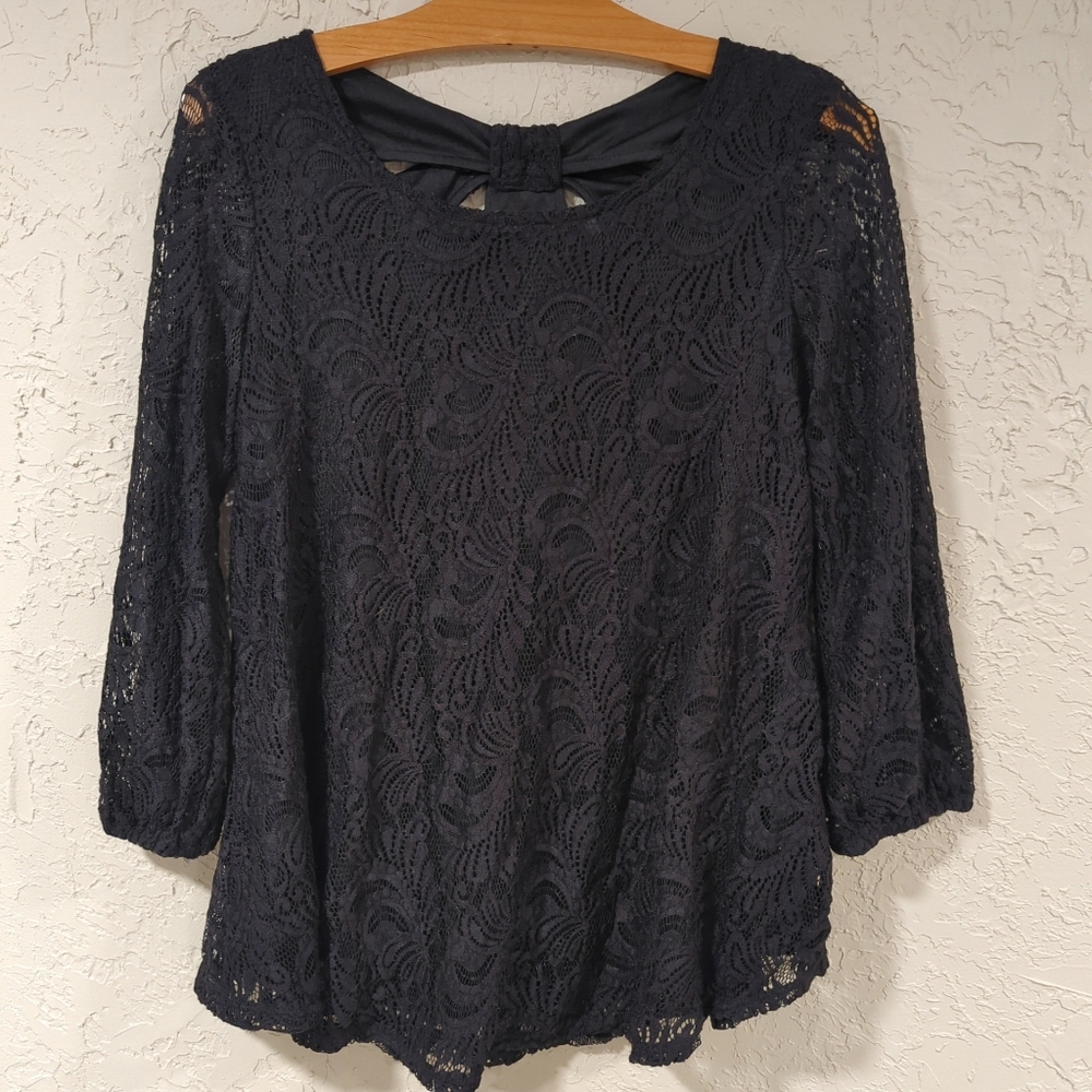 Roz & Ali Elegant Black Lace Longsleeve Top - Women's Size XS Keyhole Classy